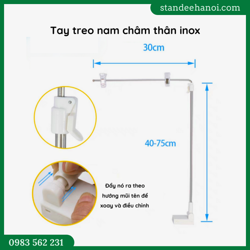 Tay treo nam châm thân inox, tay treo phân vùng siêu thị